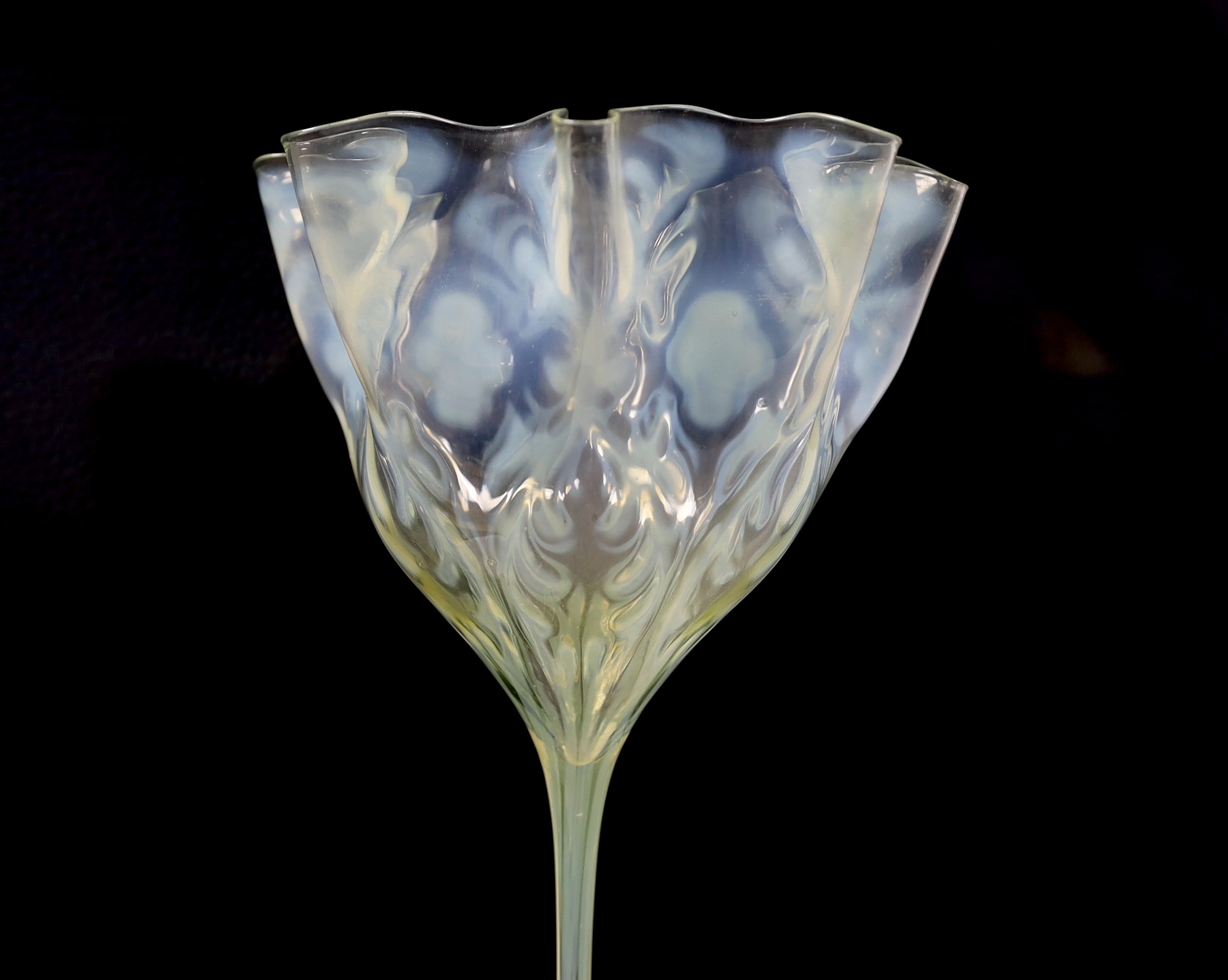 An Edwardian vaseline long stem vase, possibly by Thomas Webb, 31cm high